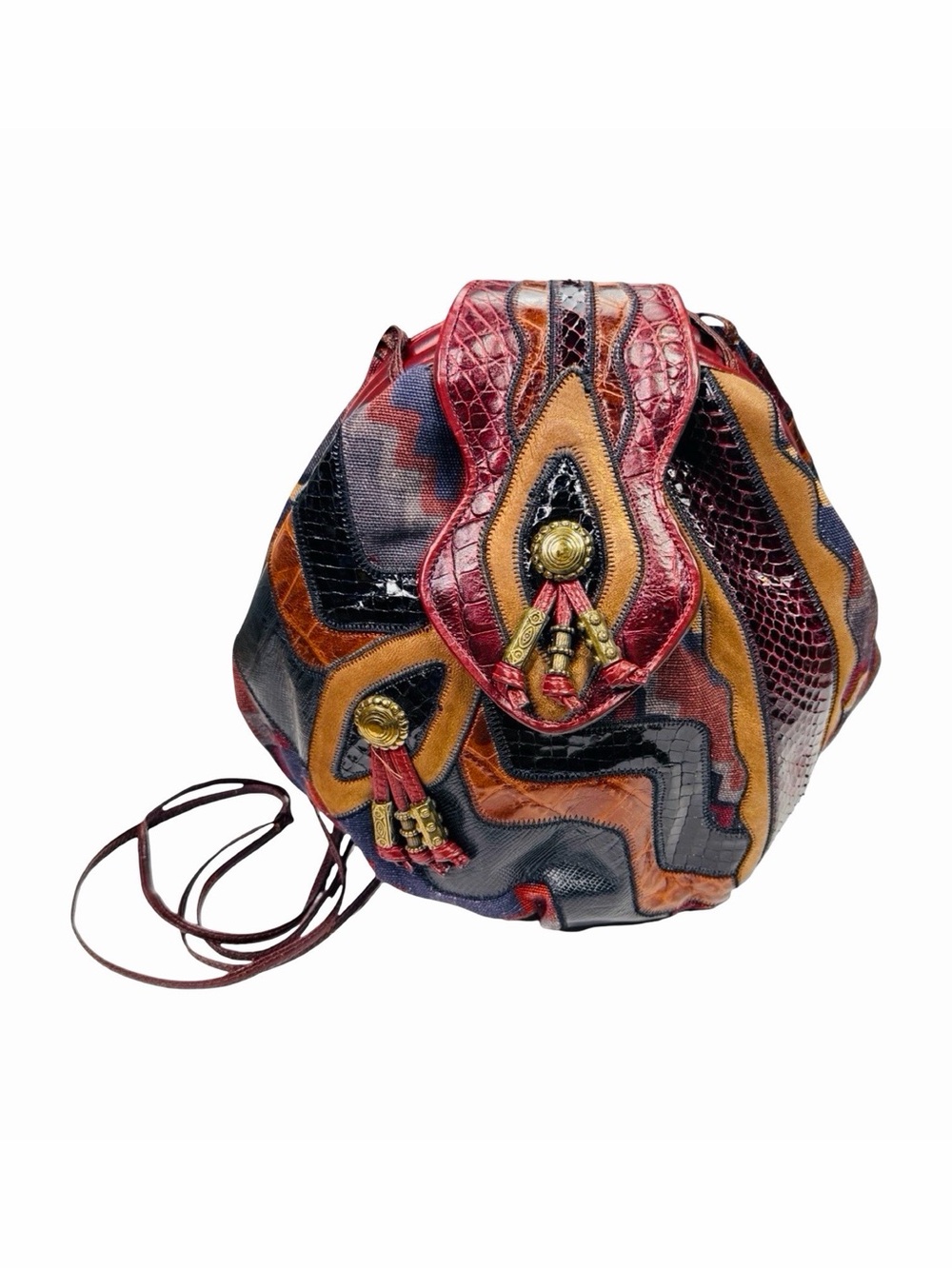 Vintage 80’s Sharif Leather Patchwork Bucket Crossbody Bag - 10” x 6” x 4.5”